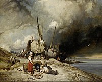 Pescatori e barche sulla costa della Normandia con bambini in primo piano, 1837, collezione privata