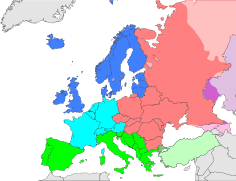 Regije Evrope, ki jih uporablja Statistični oddelek Združenih narodov[2]   Severna Evropa   Zahodna Evropa   Vzhodna Evropa   Južna Evropa