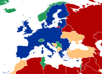 Gli stati confinanti con l'Unione europea secondo la classificazione di Freedom House. ██ Stati liberi ██ Stati parzialmente liberi ██ Stati non liberi