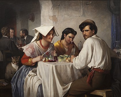 Em uma pousada romana (1866), pintura de gênero do pintor dinamarquês Carl Bloch (1834-1890). A obra foi adquirida pelo Museu Nacional de Arte da Dinamarca em 1935. (definição 9 148 × 7 358)