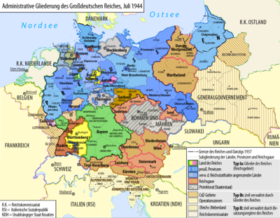 The (de facto abolished) states and annexed areas of Nazi Germany, 1944 Grossdeutsches Reich Staatliche Administration 1944.png