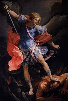 The Archangel Michael wears a Roman military cloak and cuirass in this 17th-century depiction by Guido Reni. GuidoReni MichaelDefeatsSatan.jpg