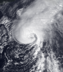 A satellite image of a tropical storm over the northwestern portion of the Atlantic basin