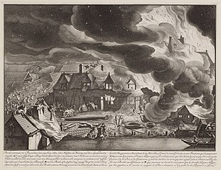 Brand op 24 juni 1680 in drie lijnbanen op de Schans aan de Smallepadsgracht. Jan van der Heyden (1690)