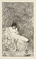 "אישה עירומה יושבת עם פאלוס רוקד" (1882), עט ומברשת על נייר, 30.6 על 18.7 ס"מ.