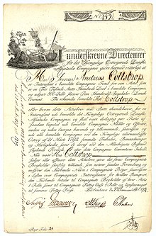 Aktie i Det Kongelige Danske Asiatiske Kompagni for 500 Rigsdaler, udstedt i København den 2. januar 1794.