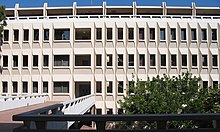 Murray Krieger Hall in the School of Humanities, named after an inspirational professor and an example of the Brutalist architecture of the campus Kriegerhall.jpg