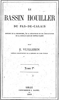 Couverture en noir et blanc du tome premier de l'ouvrage Le Bassin Houiller du Pas-de-Calais, écrit par Émile Vuillemin en 1880.