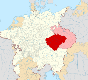 Königreich Böhmen (rot) und Länder der Böhmischen Krone (hellrot) im Heiligen Römischen Reich (1618)