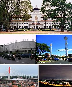 Dari atas searah jarum jam: Gedung Sate, Masjid Raya Bandung, cakrawala Bandung di malam hari, Kreteg Pasupati, Gedung Merdeka.