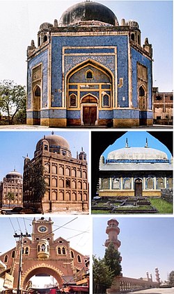 Clockwise from top: Tomb of Mian Ghulam Kalhoro, Tomb of a Talpur Mir, Rani Bagh, Navalrai Clock Tower, Hyderabad