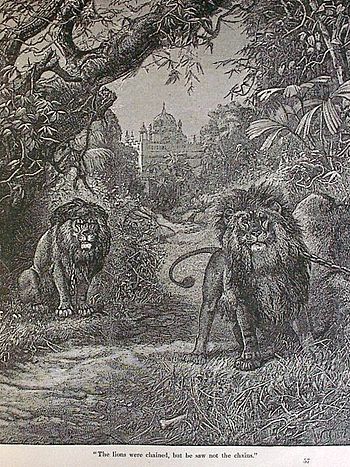 English: The lions were chained, but he saw no...