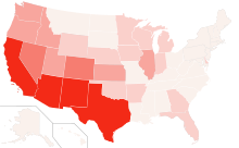 Процент американцев мексиканского происхождения (любой расы) по штатам 2010.svg