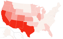 Amerikanmeksikolaisten osuus osavaltioittain (2010)   0%-3%   3,1%-7,5%   7,6%-12,5%   12,6%-20%   20,1%-31,6%