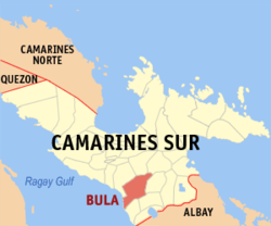 Mapa ng Camarines Sur na nagpapakita sa lokasyon ng Bula.