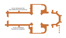 Plan d'un édifice religieux avec mentions écrites de l'emplacement de vestiges trouvés lors de sa destruction.