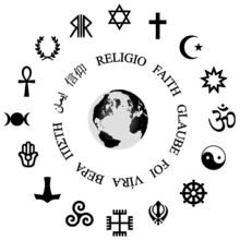 Religious symbols in clock-wise order: Judaism, Christianity, Islam, Baha'i Faith, Hinduism, Taoism, Buddhism, Sikhism, Slavic neopaganism, Celtic polytheism, Heathenism (German paganism), Semitic neopaganism, Wicca, Kemetism (Egyptian paganism), Hellenism, Italo-Roman neopaganism. RELIGIONES.png