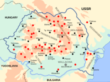 Carte de la Roumanie indiquant par des points rouges les principaux points de résistance armée.