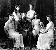 Emperor Nicholas II of Russia and the Romanovs were executed by the Bolsheviks in 1918. Russian Imperial Family 1913.jpg