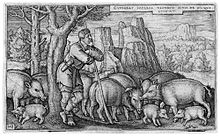 Hans Sebald Beham engraving of the parable of the Prodigal Son with his pigs, 1536 Sebald Beham Der verlorene Sohn hutet seine Schweine.jpg