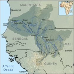 Senegal ja sen valuma-alue (vihreällä).