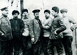 On the ship "St. Foka". From the left to the right: expedition chief G. Y. Sedov, navigator N. M. Sakharov, geologist M. A. Pavlov, ship's captain N. P. Zakharov, P. G. Kushakov, N. V. Pinegin, V. Y. Wiese