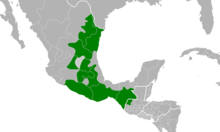 Symphyotrichum purpurascens native distribution map: Guatemala — Huehuetenango Department; Mexico — Chiapas, Distrito Federal, Guanajuato, Guerrero, Hidalgo, México, Nuevo León, Oaxaca, Puebla, San Luis Potosí, Tamaulipas, and Tlaxcala.
