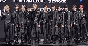 The Boyz in February 2023 L-R: Eric, Kevin, Sangyeon, Sunwoo, Hyunjae, Younghoon, Juyeon, Haknyeon, Q, Jacob, and New