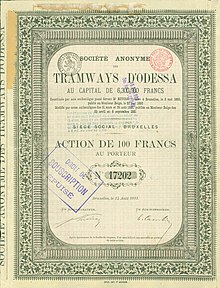 Share of the Belgian company "Tramways d'Odessa", issued 24 August 1881 Tramways d'Odessa 1881.jpg