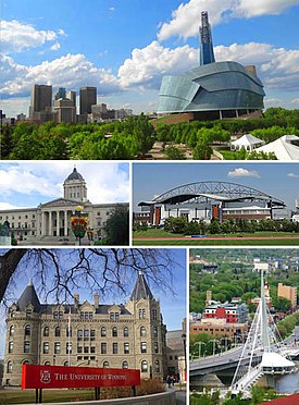 Clockwise from top: Downtown featuring the Canadian Museum for Human Rights,  Investors Group Field, Saint Boniface and the Esplanade Riel bridge, Wesley Hall at the University of Winnipeg, Manitoba Legislative Building.