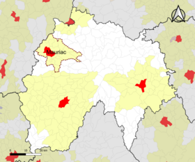 Localisation de l'aire d'attraction de Mauriac dans le département du Cantal.