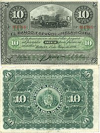 Recto et verso d'un billet de 10 pesos de la Banque espagnole de l'île de Cuba émis lors de la guerre d'indépendance, en 1896. (définition réelle 3 346 × 4 466)