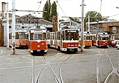ドイツ再統一直後の車庫 当時の車両は東ドイツ時代のKT4Dやゴータカーだった（1991年撮影）