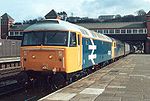 Two Class 47s, Nos. 47424 and 47607, at Bangor station with a passenger train in 1987.