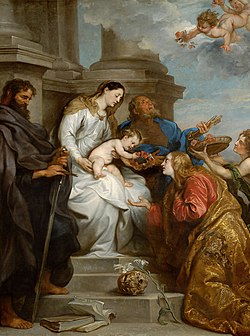 Sankta Rozalia, videblas dekstre, antaŭ Sankta Maria sur pentraĵo de Antoon van Dyck