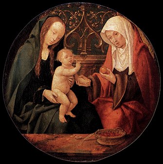 Peinture avec Marie présentant Jésus vers Anne qui lui tend une pomme