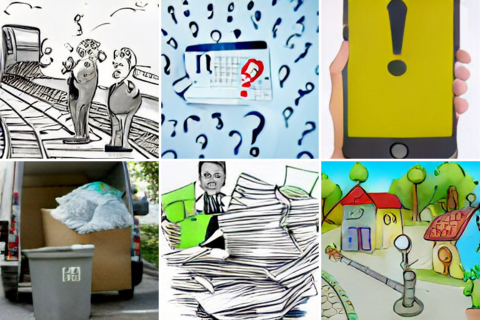 A collage of abstract images illustrating an argument at a train station, a calendar surrounded by question marks, a phone with an exclamation point on its screen, a moving van with a trash bin in the back, a person in front of a large pile of papers, and a village pump.