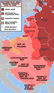 Soviet expansion, change of Central-Eastern European borders and creation of the Communist Eastern bloc after World War II EasternBloc BorderChange38-48.svg