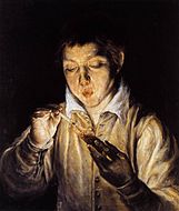 A Boy Blowing on an Ember to Light a Candle by El Greco. c. 1570–1572