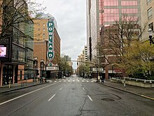 An empty downtown Portland in March 2020 Empty Portland (Oregon) Downtown During COVID-19 Pandemic.jpg