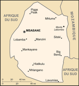 Карта Эсватини. Граница с Мозамбиком расположена на востоке страны.
