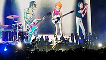 Gorillaz performing at a virtual concert in 2018 Gorillaz @ Barclays Center, Brooklyn, 10-13-2018.jpg