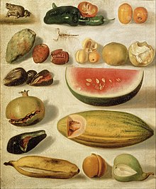 Still-life with Fruit, Scorpion and Frog (1874) by Hermenegildo Bustos. Hermenegildo Bustos - Still life with fruit (with scorpion and frog) - Google Art Project.jpg