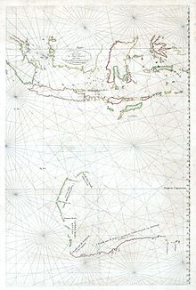 Map first drawn in 1618 by Hessel Gerritsz showing the charted coast of Australia. Chartings after 1618, for example by Francois Thijssen in 1627, were added to the engraved plate between 1628 and 1632. Hessel Gerritsz - Malay Archipelago and Australia.jpg