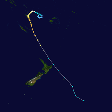 Ivy formed in the upper center of the map and completed a loop before curving towards the southeast and becoming extratropical near New Zealand.