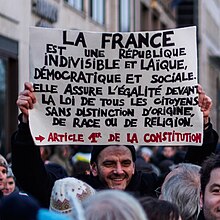 Cliché montrant un homme au milieu d'autres manifestants, brandissant une pancarte sur laquelle est copié l'article premier de la Constitution française.