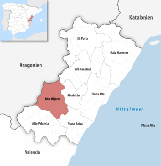 Die Lage der Comarca Alto Mijares in der Provinz Castellón