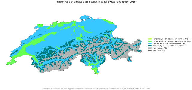 Classification de Köppen pour la Suisse (1980-2016)