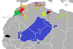 Berberikielten puhuma-alueet Pohjois-Afrikan kartalla. Tašelhit kuvassa vihreällä.