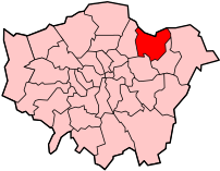 Locator map of the {{w|London Borough of Redbridge}}, shown (in red) within {{w|Greater London}}.